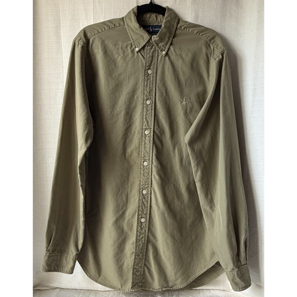 Polo Ralph Lauren Mens M Cotton Silk Blend Classic Fit Olive Green Button Shirt